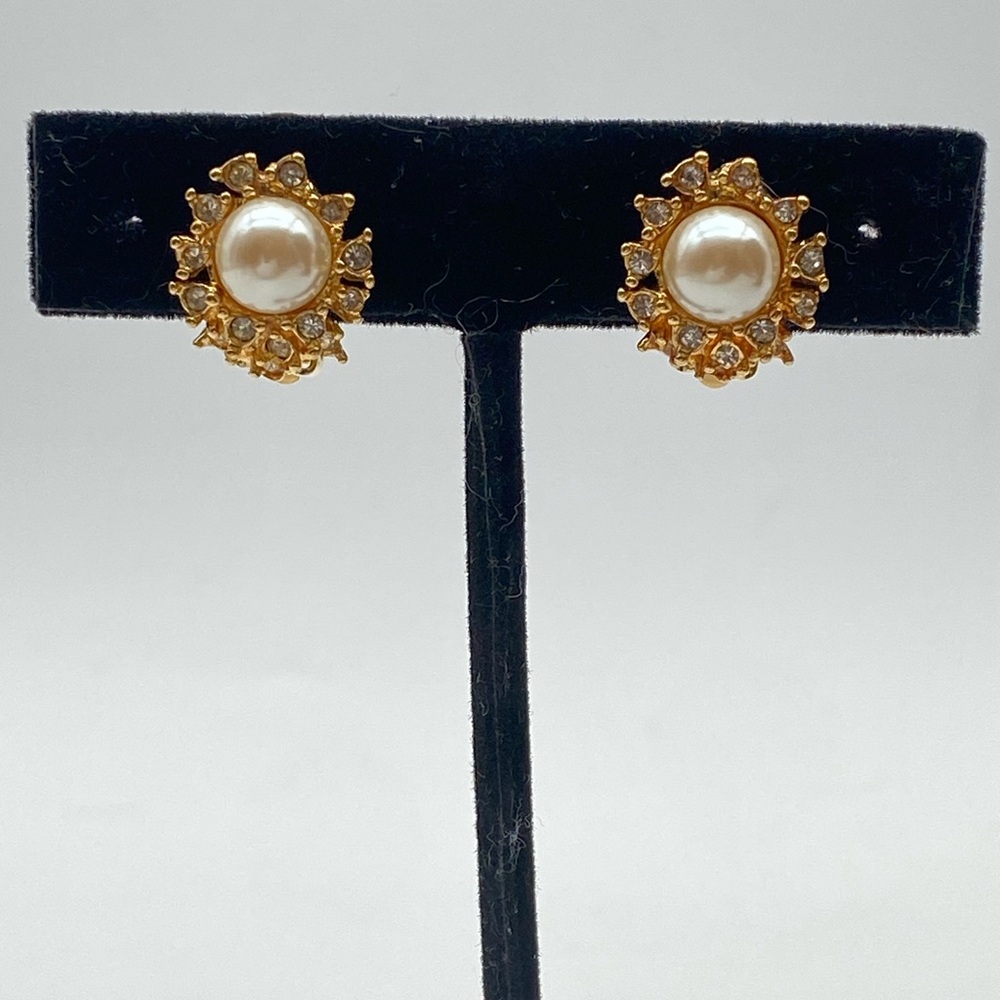 Nina Ricci Elegant Gold Plated Rhinestone Crystal and Pearl Clip On Earrings
